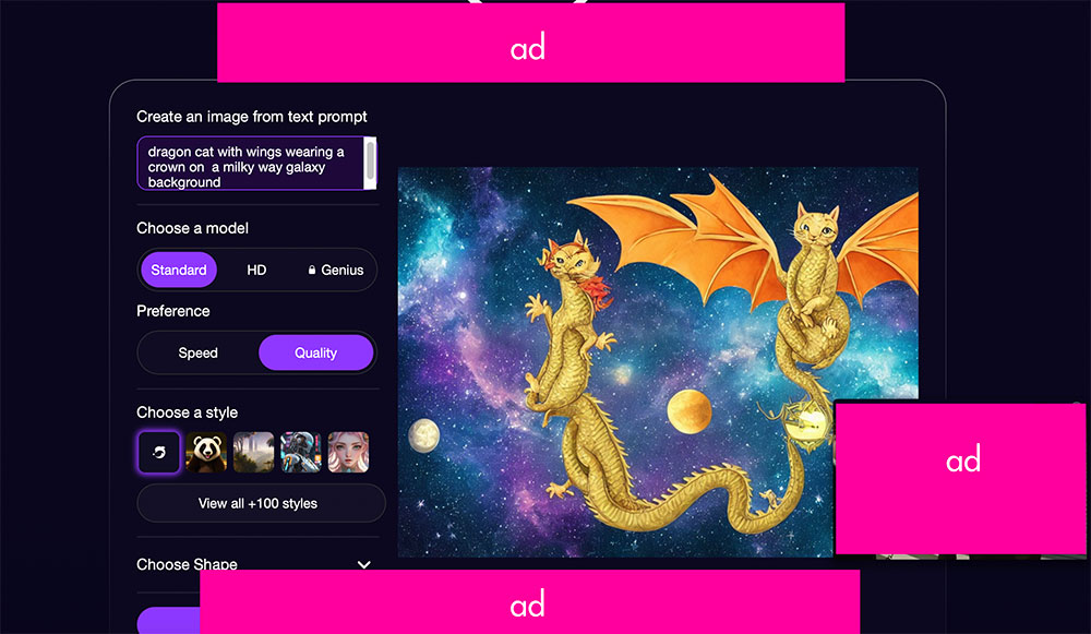 There are way too many ads surrounding the Text to Image work space. The quality of this generated image was not up to my expectation.